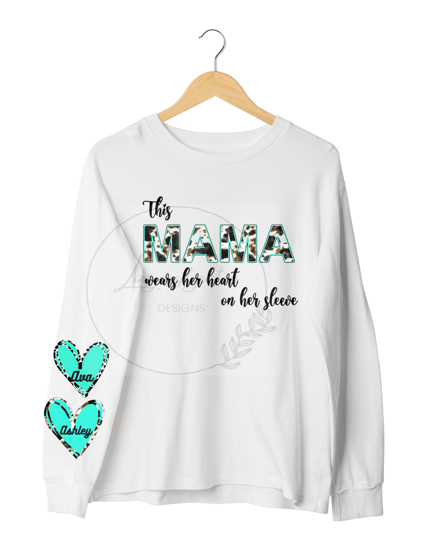 This mama, grandma, abuela wears her heart on her sleeve long sleeve shirt personalized