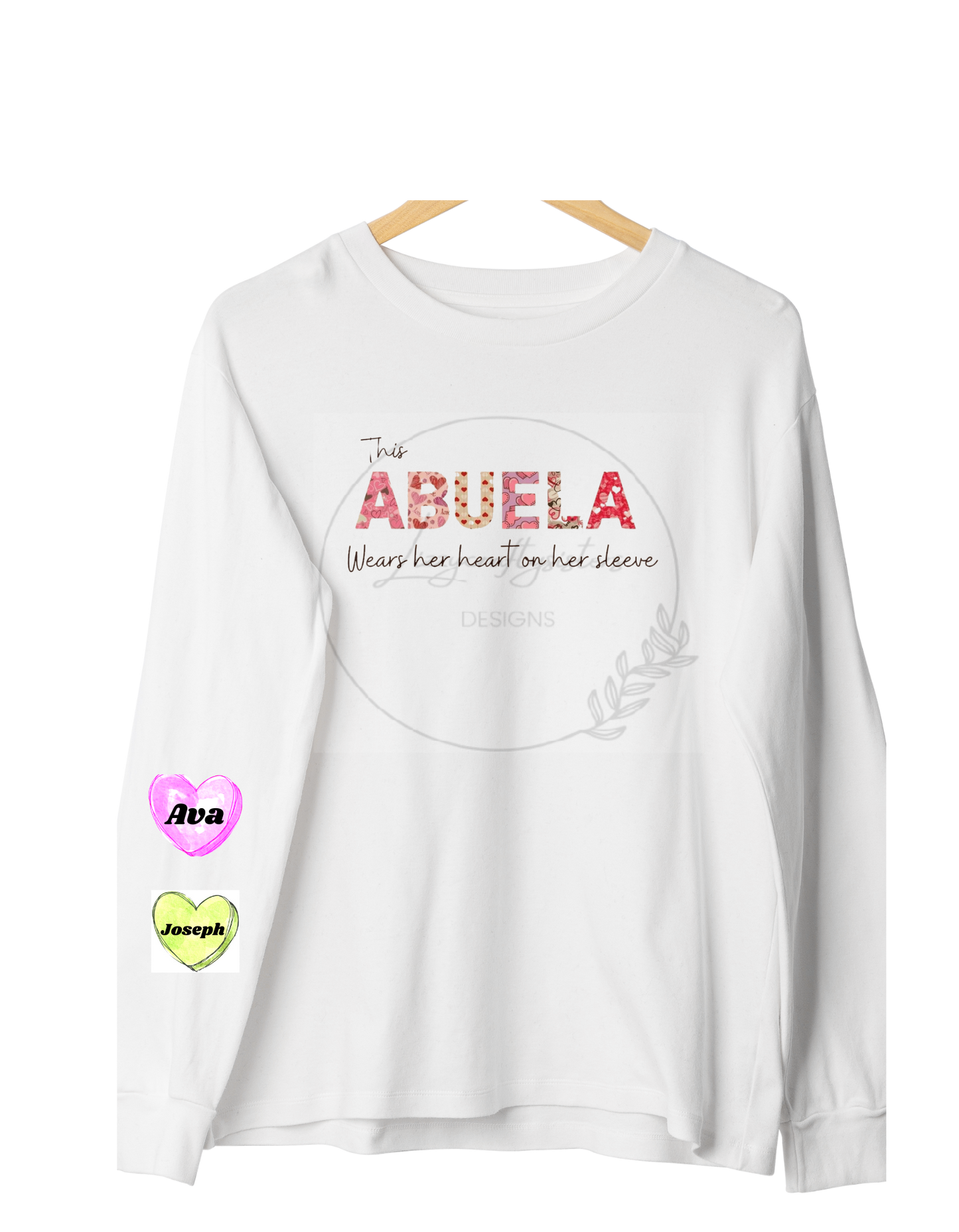 This mama, grandma, abuela wears her heart on her sleeve long sleeve shirt personalized